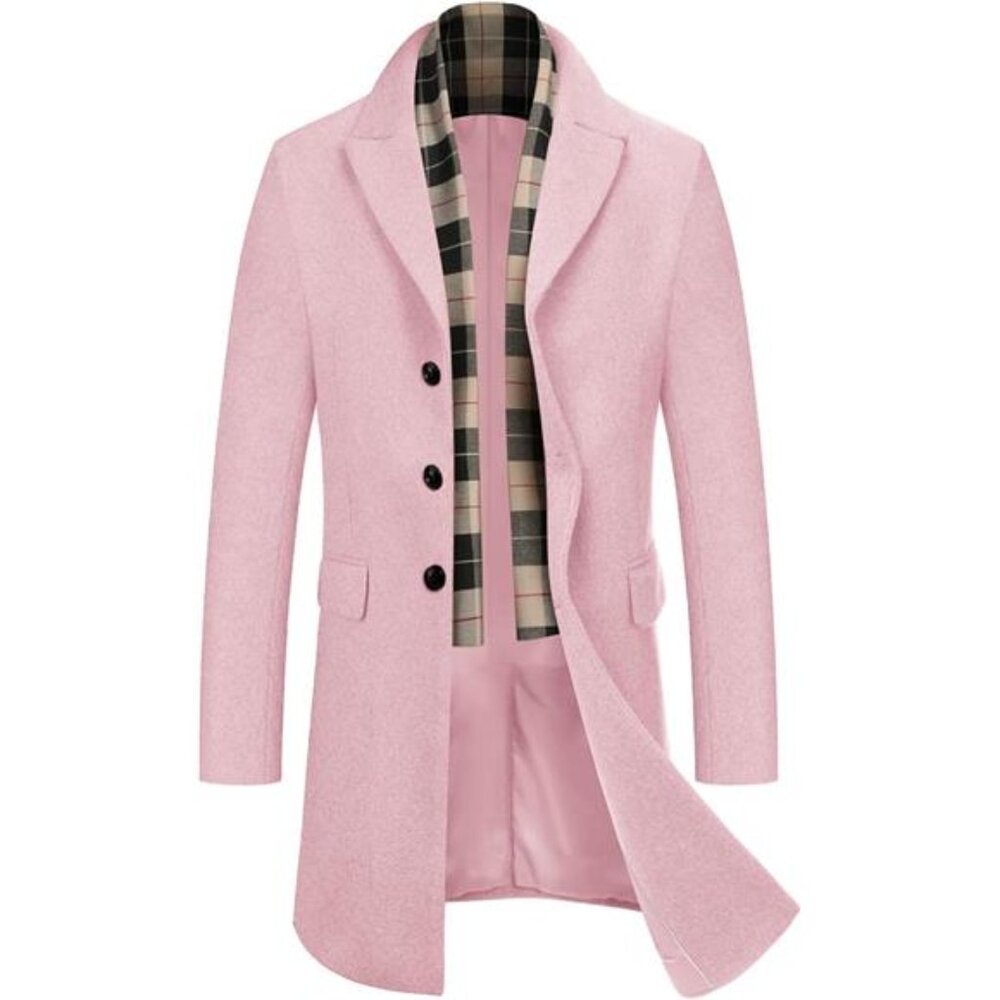 Wool Blend Coat with Detachable Plaid Scarfs Notched Collar Single Breasted